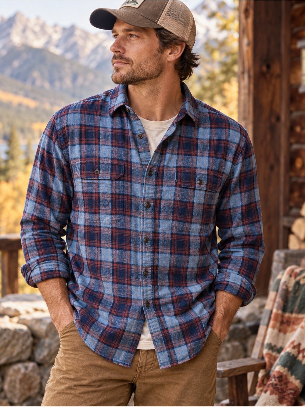 Tailor Vintage Authentic Indigo Men’s L Plaid Flannel Shirt Blue Red Cotton